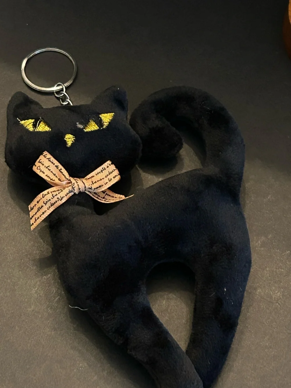 Plush Cat 🐈‍⬛ Bag Charm Keychain Card Holder with Yellow Eyes and Orange Bow